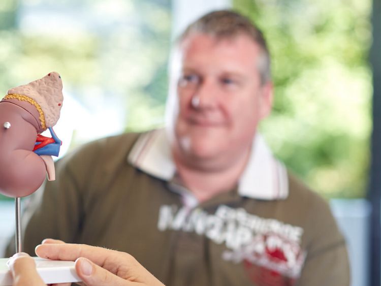 Patient betrachtet das Modell einer menschlichen Niere